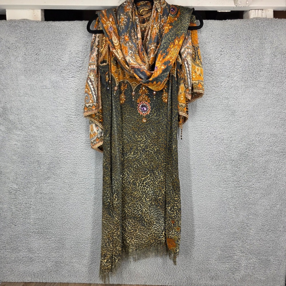 Tarun Tahiliani Silk Leopard Paisley Embellished Dress and Scarf Set Brown Gold
